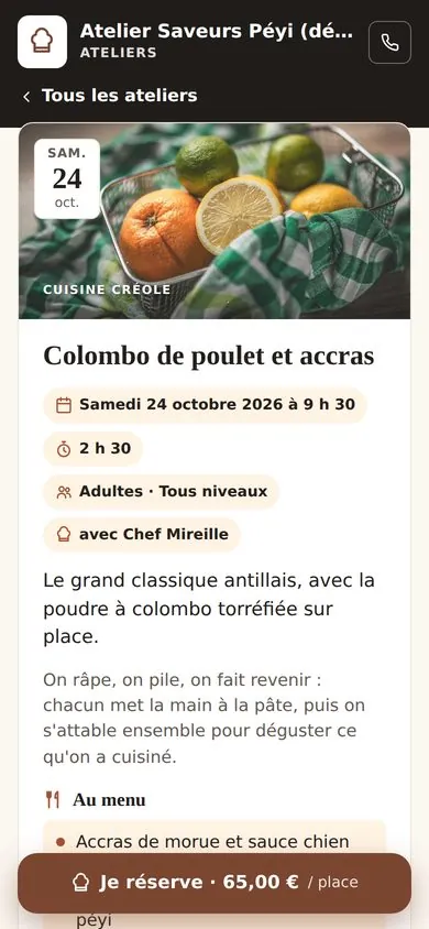 La page d'inscription sur téléphone (démonstration) : l'atelier Colombo de poulet et accras, samedi 24 octobre, 2 h 30, avec le chef, et le bouton « Je réserve · 65,00 € »
