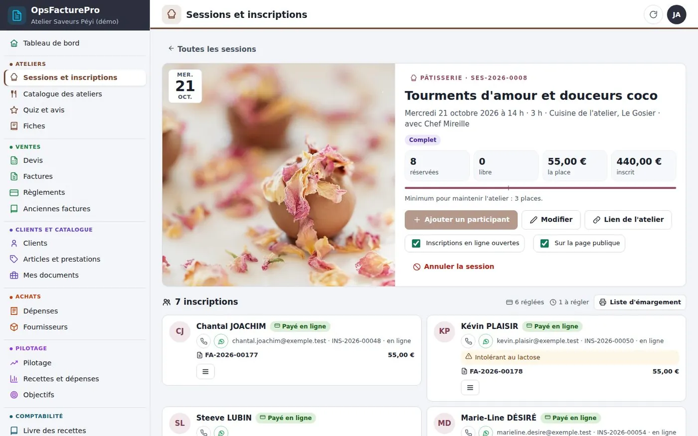 Une session ouverte au bureau (démonstration) : Tourments d'amour et douceurs coco, mercredi 21 octobre, 8 places réservées sur 8, 440 € inscrits, et la liste des inscrits payés en ligne