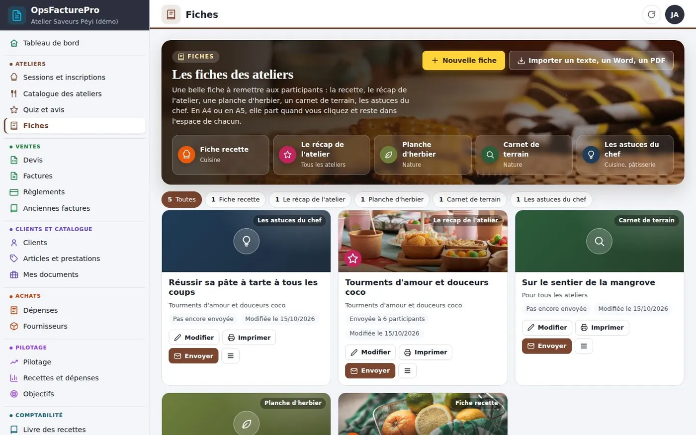 L'écran des supports du jour, en préparation (démonstration) : des modèles de fiche recette, récap de l'atelier, planche d'herbier, carnet de terrain et astuces