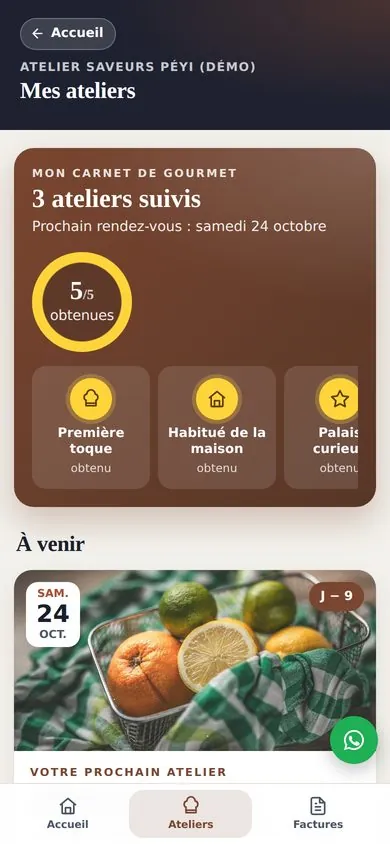 L'espace du participant sur téléphone (démonstration) : Mon carnet de gourmet, 3 ateliers suivis, les distinctions obtenues et le prochain atelier du samedi 24 octobre