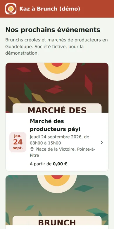 Page d'inscription sur téléphone, avec les affiches des prochains événements