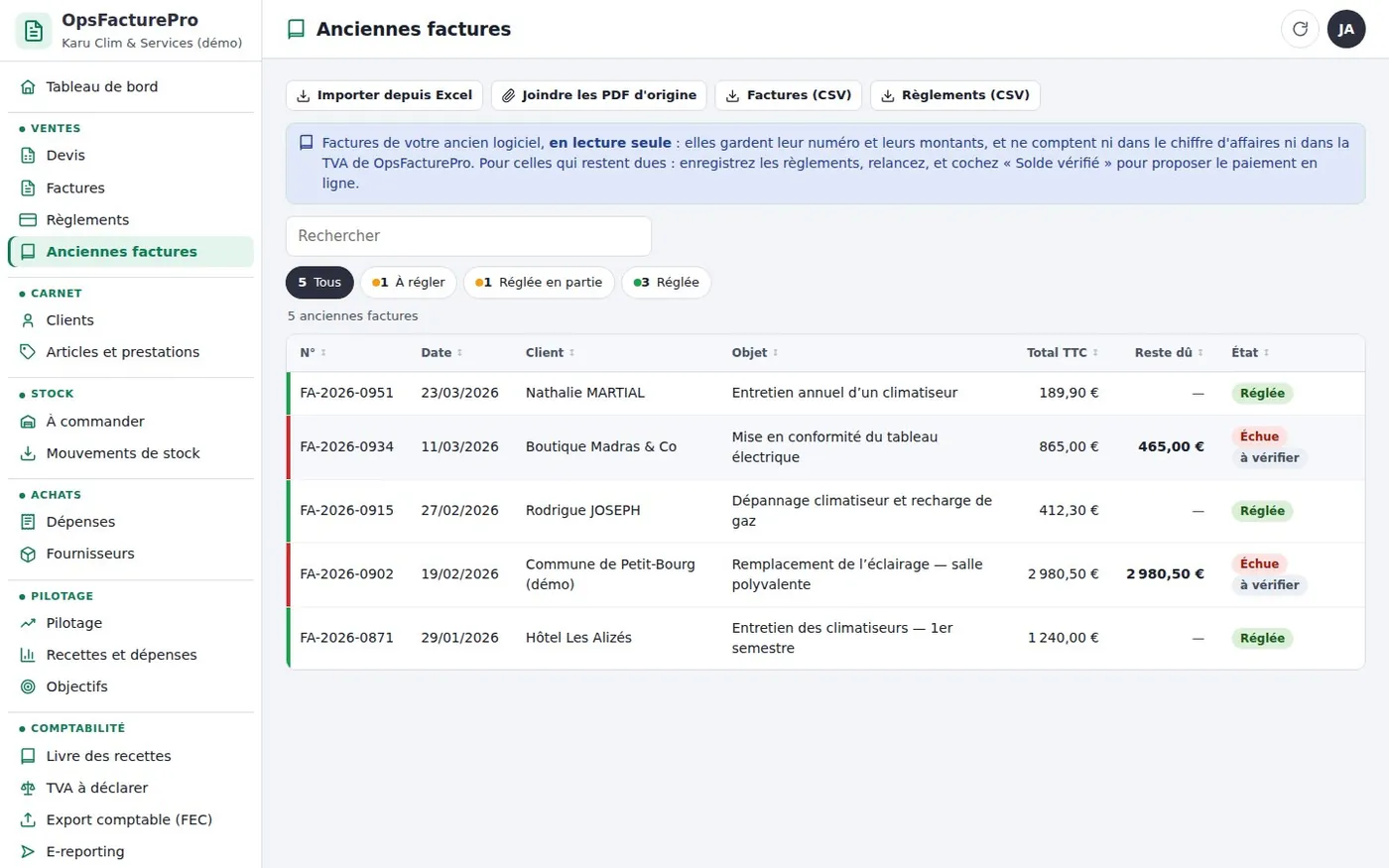 Anciennes factures reprises, en lecture seule : ce qui reste dû, les factures échues et les soldes à vérifier