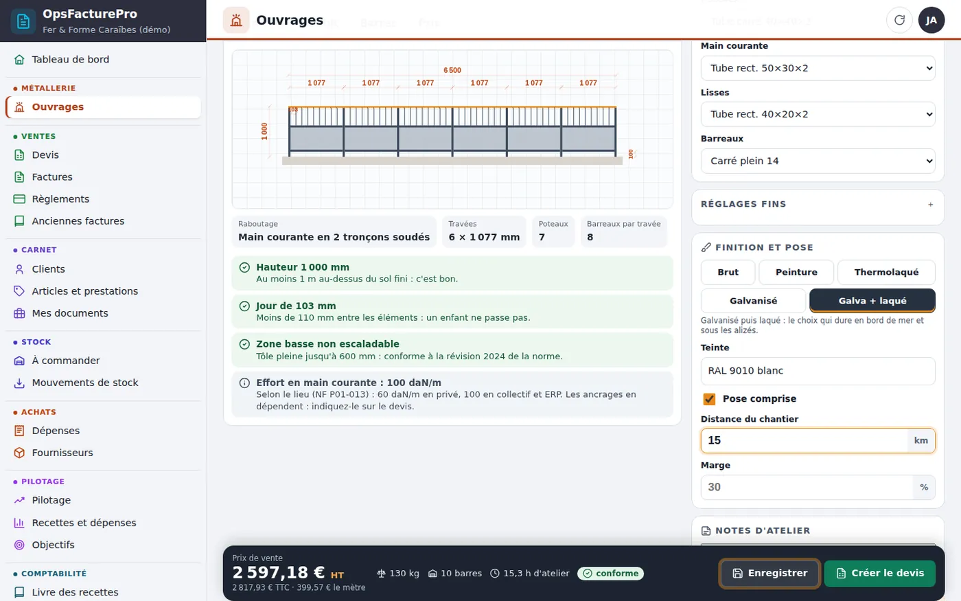 Module Métallerie : le plan coté d'un garde-corps de 6,50 m, les contrôles de sécurité au vert et le prix qui se calcule