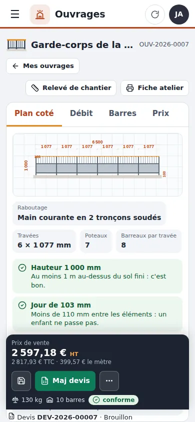 Le même ouvrage sur téléphone : plan coté, travées et prix de vente