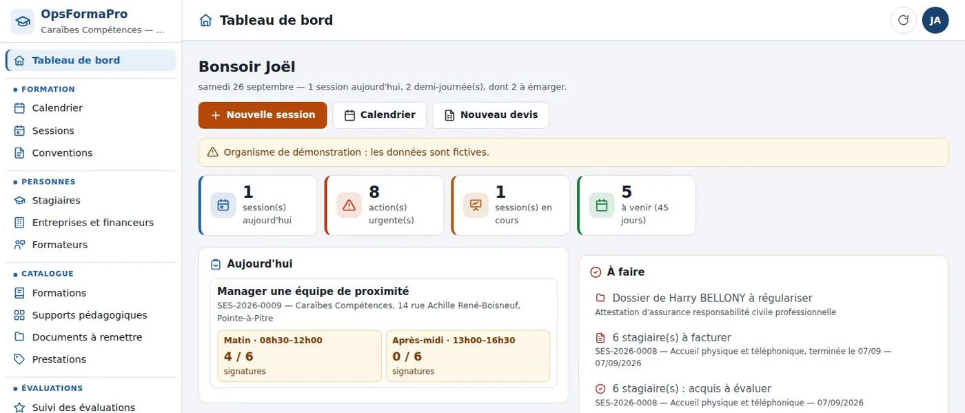 Tableau de bord d'OpsFormaPro : session du jour, signatures du matin et de l'après-midi, actions à faire