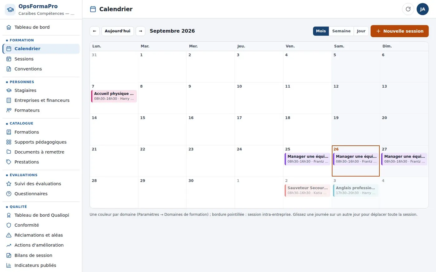 Calendrier mensuel des sessions