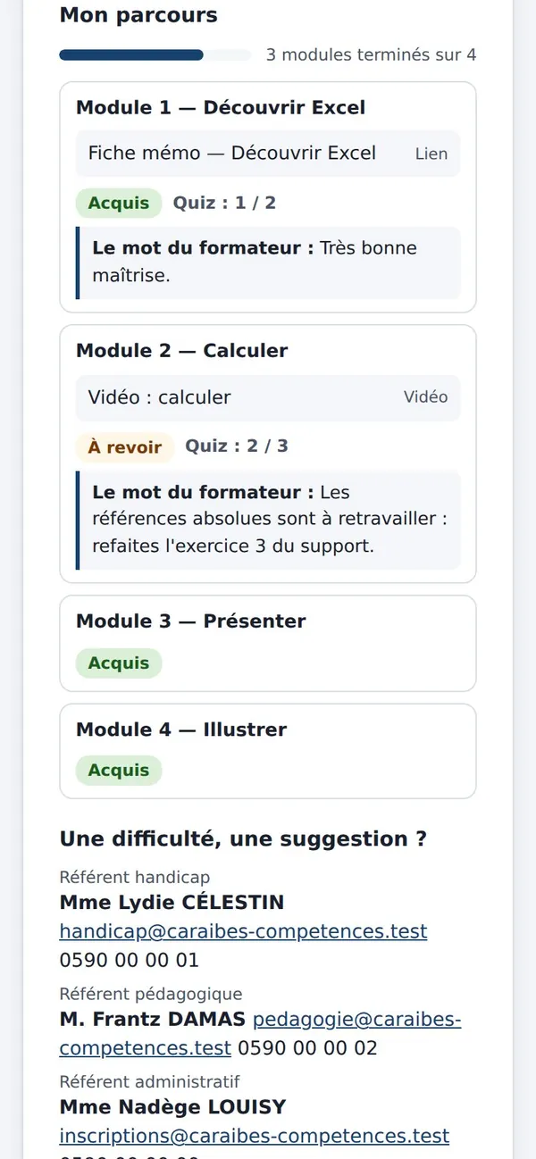Espace du stagiaire sur téléphone : Mon parcours