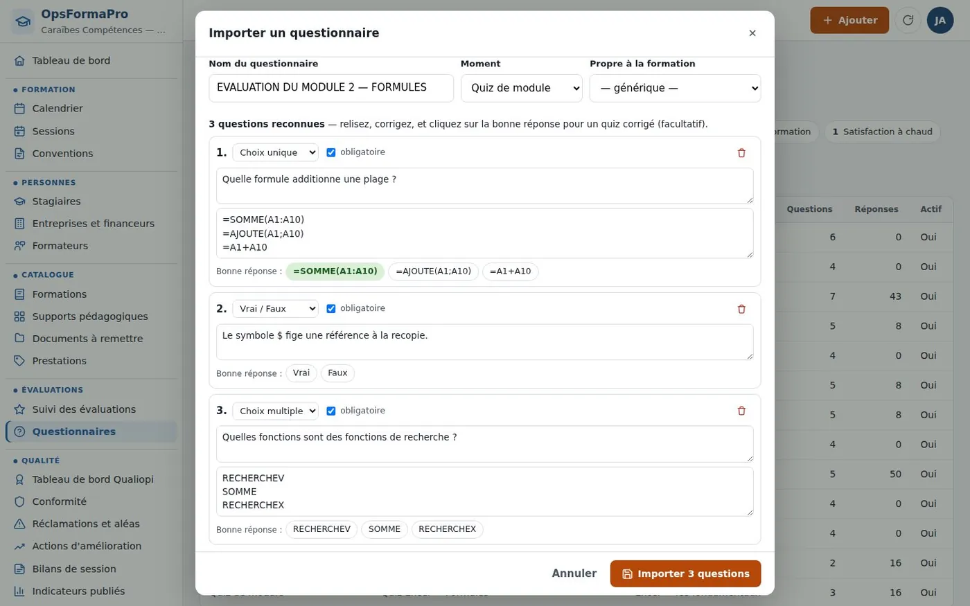 Import d'un questionnaire Google Forms, avec aperçu à relire