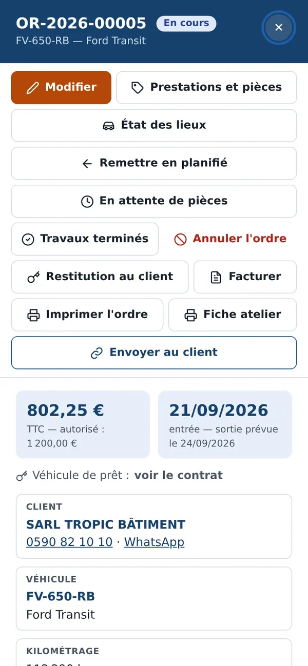 Ordre de réparation sur téléphone : tous les boutons visibles d'un coup, puis le montant, les dates, le client et le véhicule