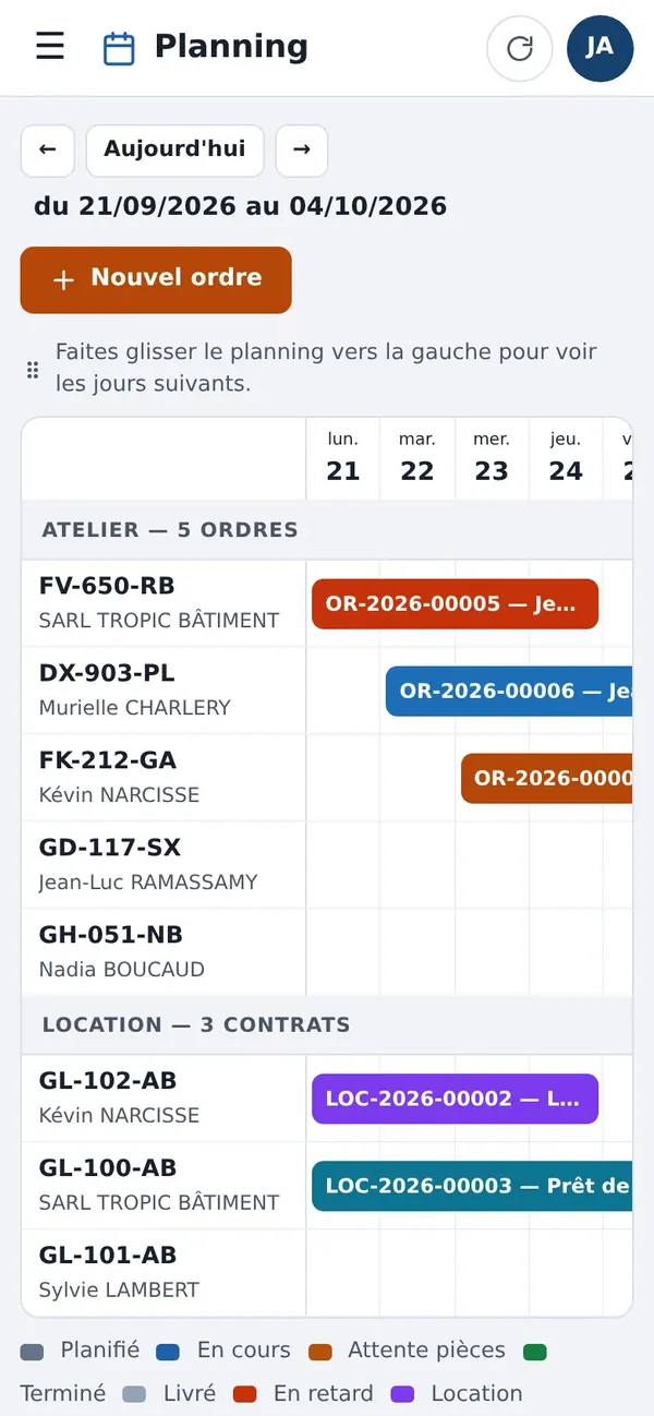 Le planning sur téléphone : la frise se fait glisser du doigt pour voir les jours suivants