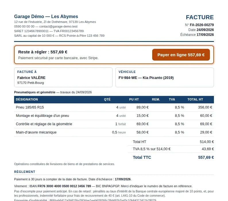 Facture reçue par le client, avec le reste à régler et le bouton Payer en ligne