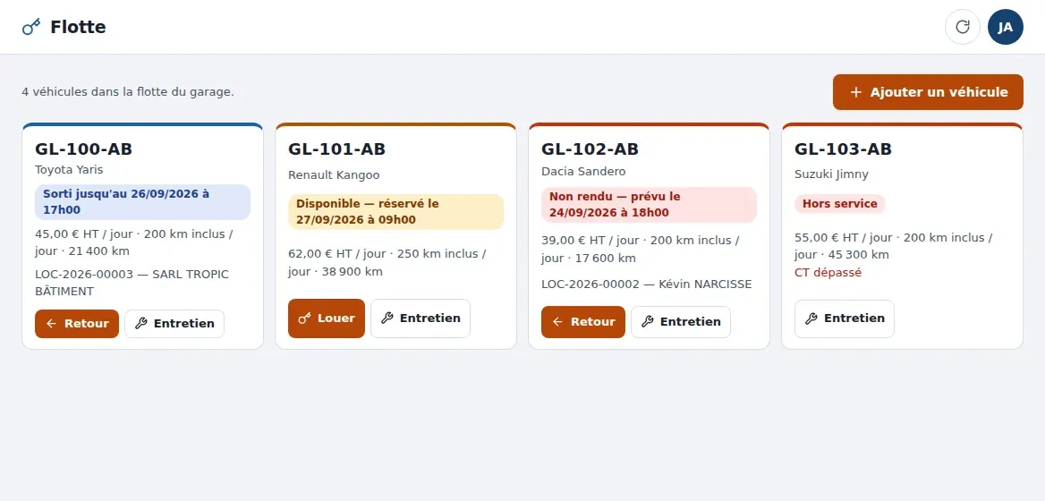 La flotte en cartes : chaque véhicule avec son état (sorti, disponible, réservé, hors service), son tarif et ses boutons Louer, Retour, Entretien