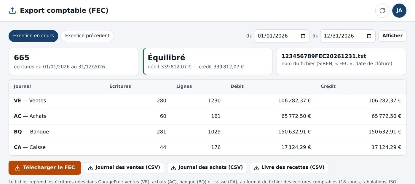 Export comptable : 665 écritures équilibrées sur l'exercice, journaux des ventes, achats, banque et caisse, bouton Télécharger le FEC
