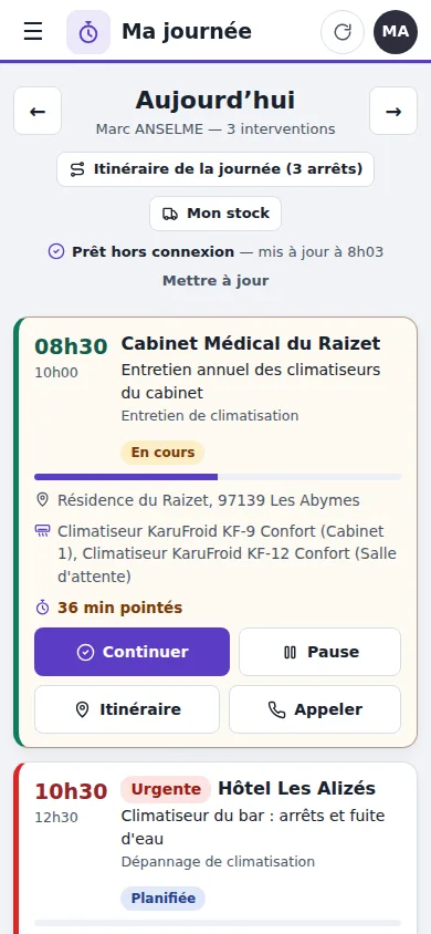 Ma journée sur le téléphone du technicien : itinéraire, interventions du jour, temps pointé, boutons Continuer, Pause, Appeler