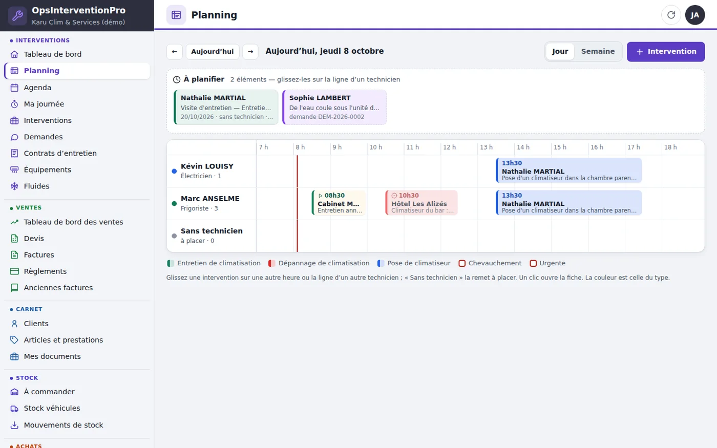 Le planning du jour : une ligne par technicien, les interventions en couleur, la bande « À planifier » avec une visite d'entretien et une demande à placer
