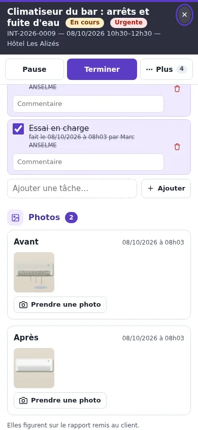 Les photos avant et après sur la fiche de l'intervention, au téléphone du technicien