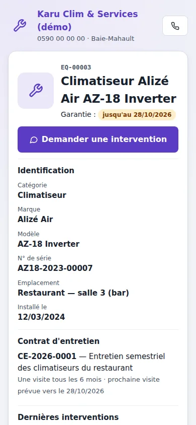 La page de l'appareil ouverte en scannant son étiquette QR : identification, garantie, contrat et bouton Demander une intervention