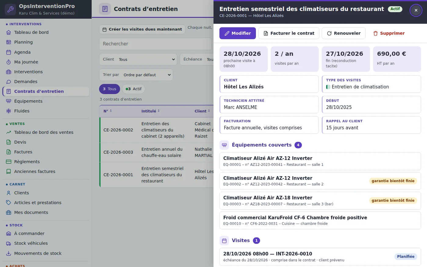 La fiche d'un contrat d'entretien : prochaine visite, deux visites par an, montant annuel, équipements couverts et visites créées