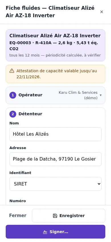 La fiche d'intervention fluides au téléphone, selon le modèle Cerfa 15497*04 : équipement, fluide, charge, équivalent CO2 et périodicité calculée