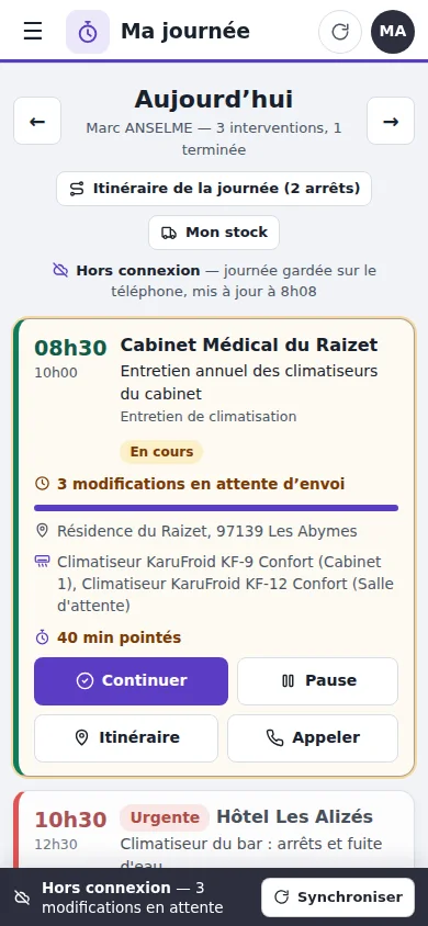 Ma journée sans réseau : le bandeau Hors connexion et les modifications en attente, qui partiront toutes seules au retour du réseau