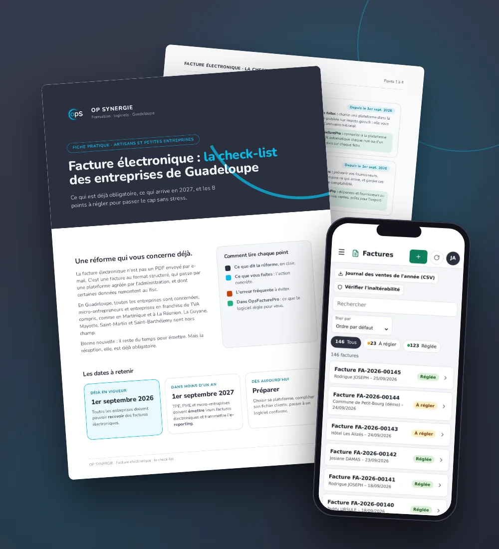Check-list facture électronique et OpsFacturePro sur téléphone