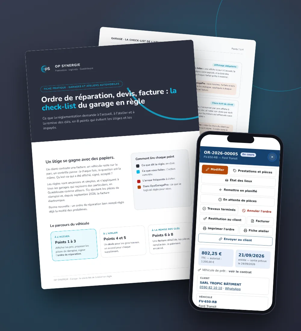 Check-list du garage en règle et OpsGaragePro sur téléphone